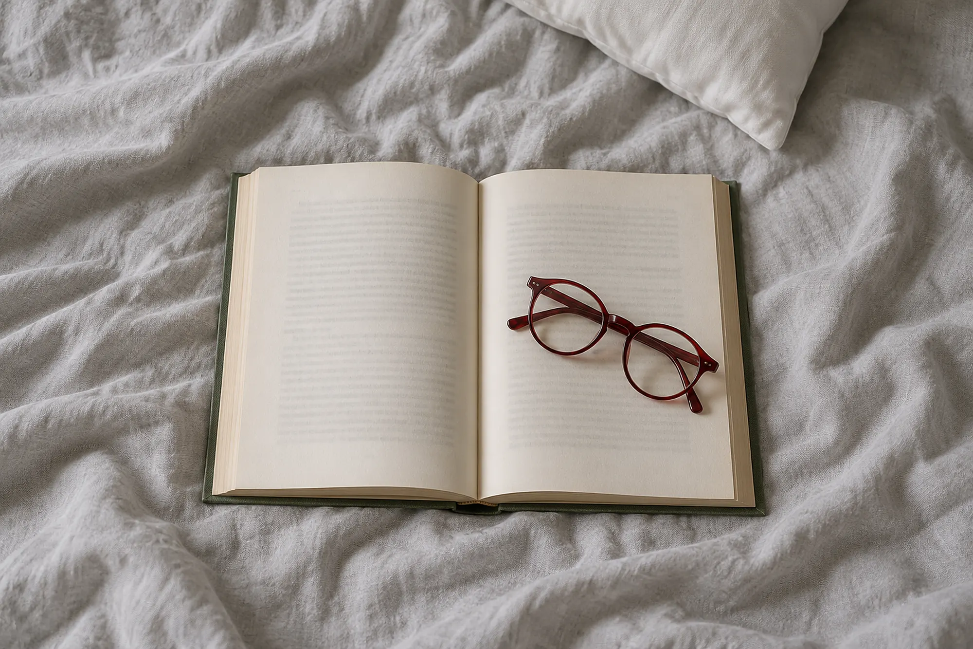 Eine rote runde Lesebrille auf einem aufgeschlagenen Buch auf grauer Bettwäsche