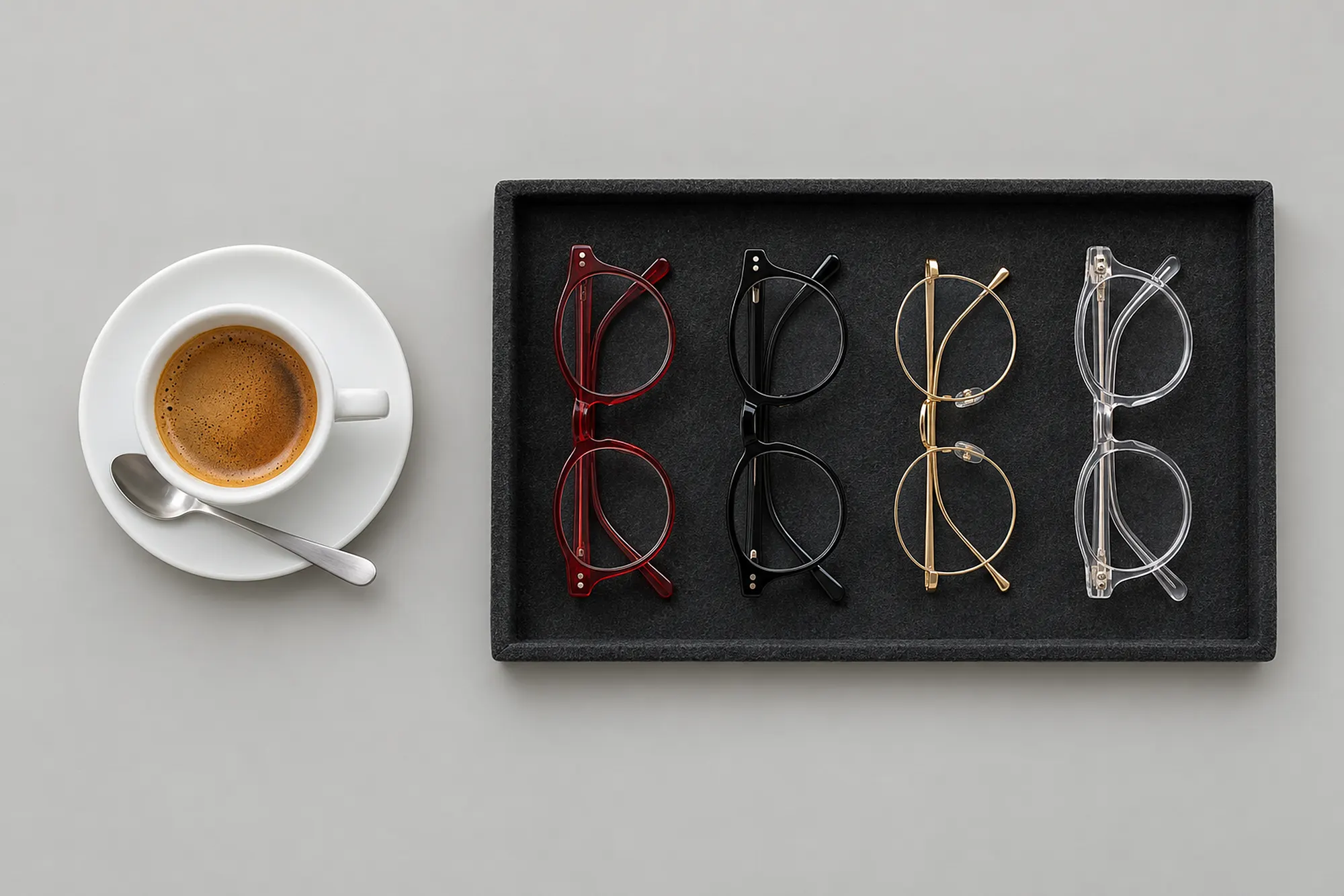 Eine Tasse Espresso neben einem Filztablett mit vier Brillenfassungen: rot, schwarz, golden und glasklar