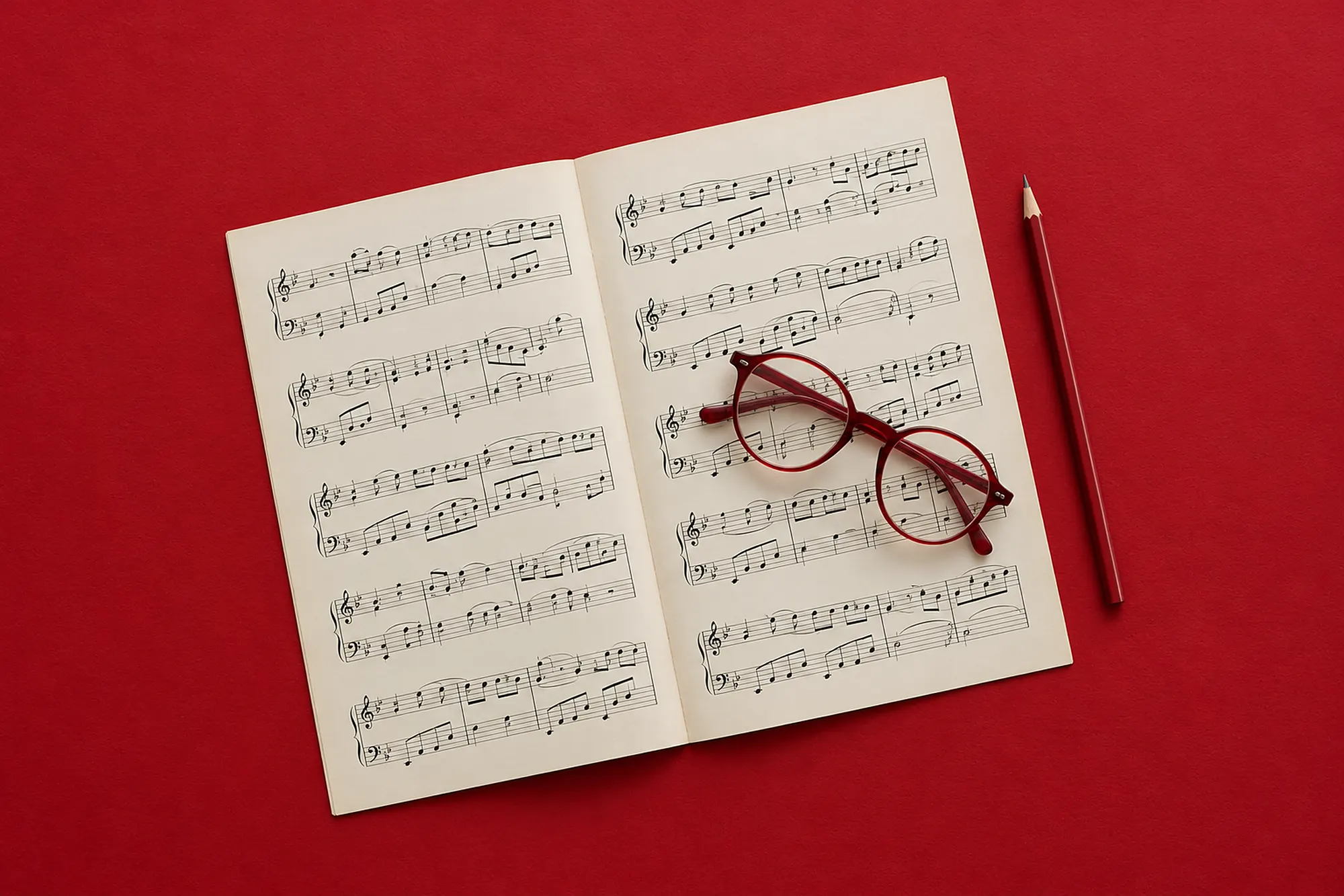 Eine rote runde Brille liegt auf aufgeschlagenen Klaviernoten, daneben ein Bleistift, auf rotem Papier